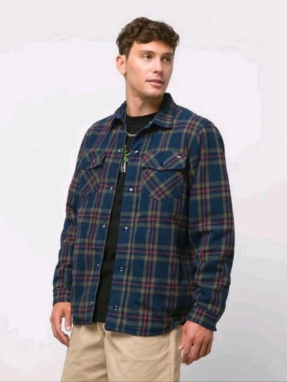 VANS Grunge Skater Reversible Barn Shacket Flannel Lined Quilted Navy Plaid Med